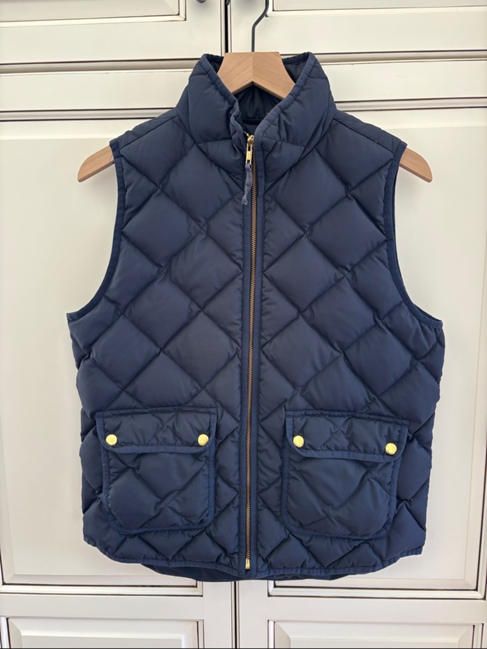 J. Crew Goose Down Puffer Vest Full Zip Pockets Blue Gold Women’s Size Medium